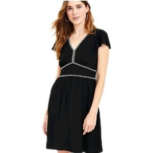 LOFT Black Flutter Sleeve Braided Trim Dress